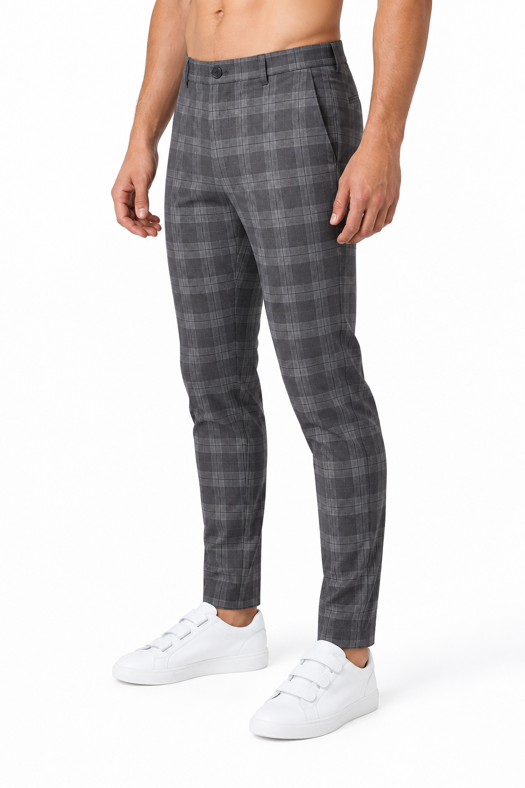 Men's Trousers Slim Fit Plaid Pattern, Dark Grey, side view