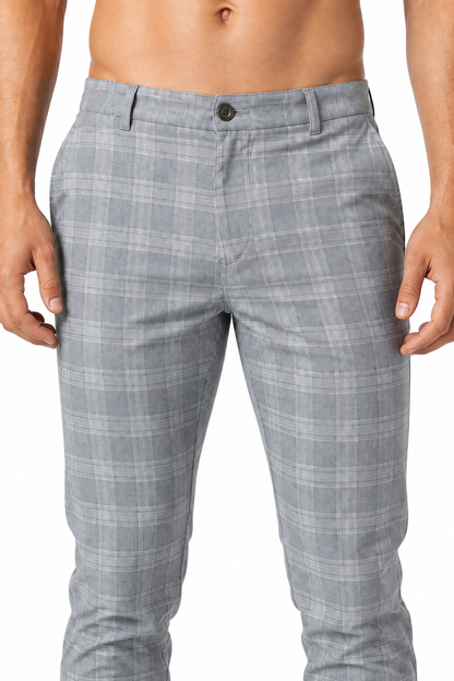 Men's Trousers Slim Fit Plaid Pattern, Grey, fabric close-up