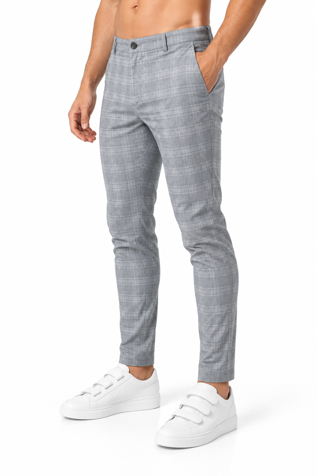 Men's Trousers Slim Fit Plaid Pattern, Grey, side view