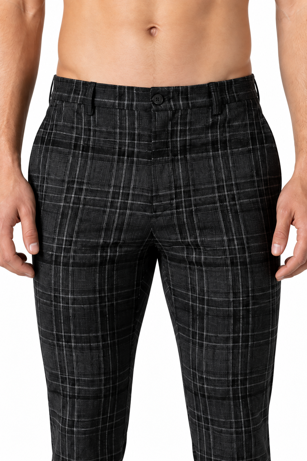 Men's Trousers Slim Fit Plaid Pattern, Black, fabric close-up