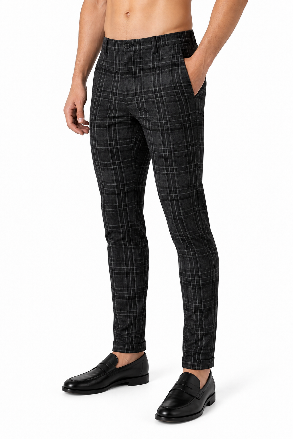 Men's Trousers Slim Fit Plaid Pattern, Black, side view
