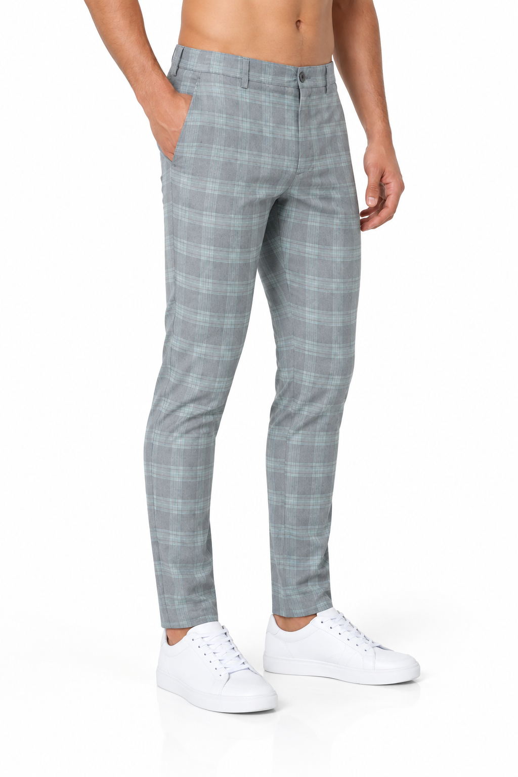 Men's Trousers Slim Fit Plaid Pattern, Light Blue, side view