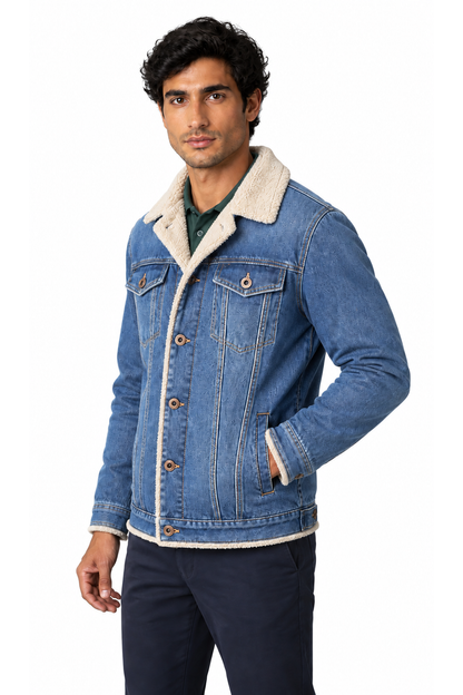 Men's Denim Jacket Sherpa Lining Classic Fit, Light Blue, three-quarter model view