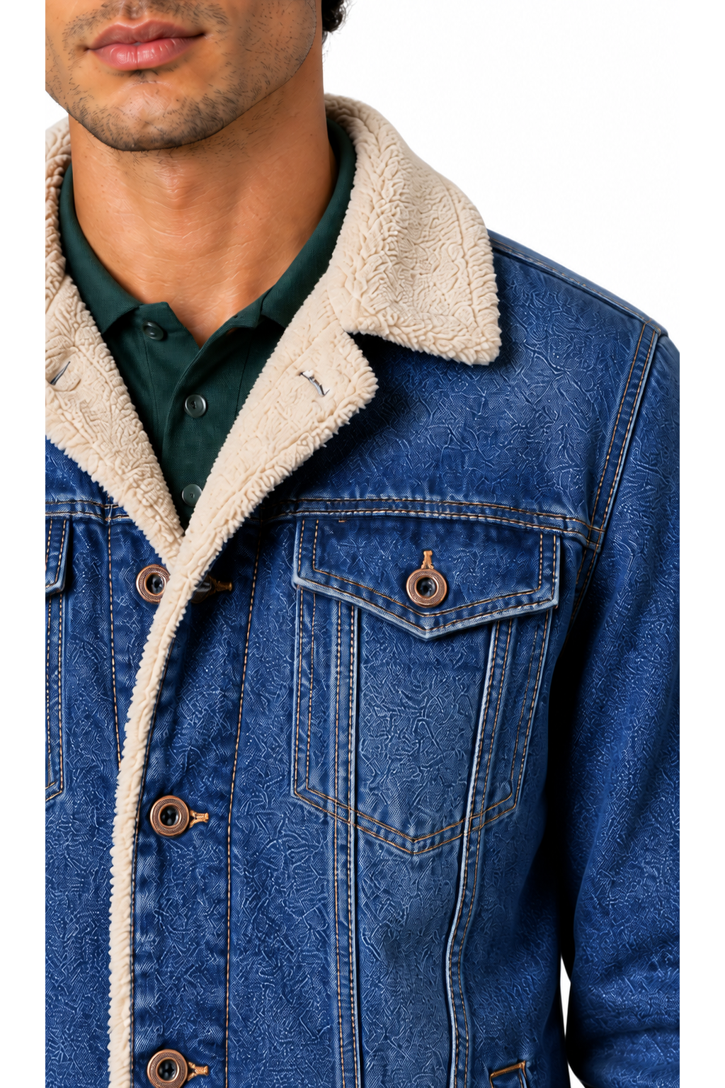 Men's Denim Jacket Sherpa Lining Classic Fit, Light Blue, close-up of original fabric and garment details