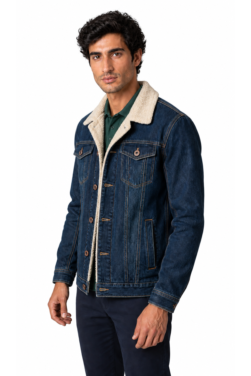 Men's Denim Jacket Sherpa Lining Classic Fit, Navy blue, three-quarter model view