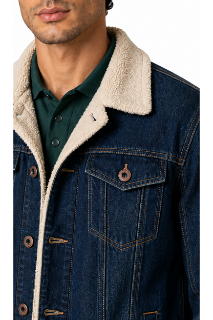 Men's Denim Jacket Sherpa Lining Classic Fit, Navy blue, close-up of original fabric and garment details