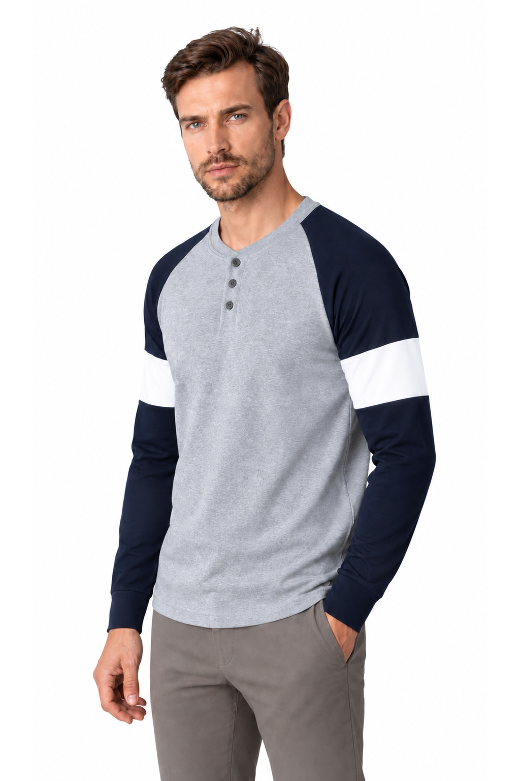 Men's Henley Shirt Colorblock Design Casual Fit, Gray, three-quarter model view