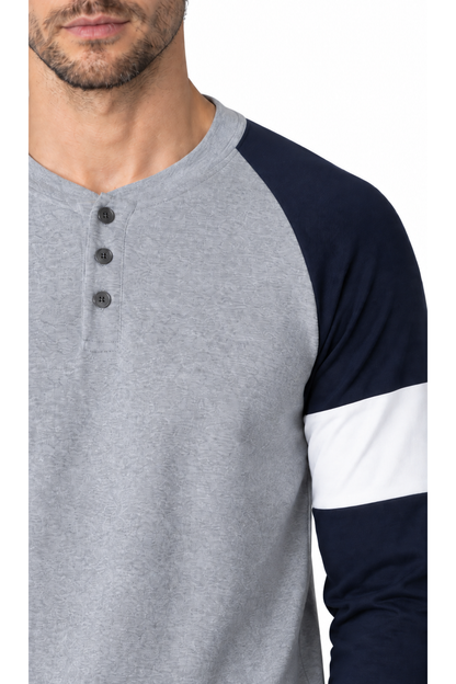 Men's Henley Shirt Colorblock Design Casual Fit, Gray, close-up of original fabric and garment details