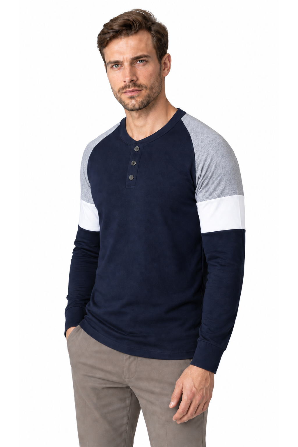 Men's Henley Shirt Colorblock Design Casual Fit, Navy Blue, three-quarter model view