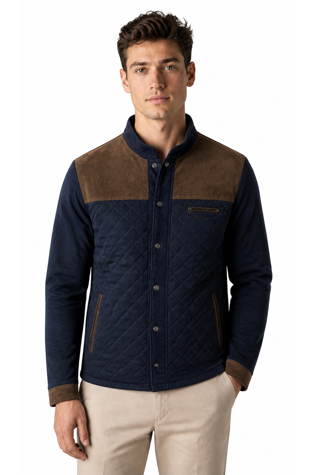 Owen Quilted Patchwork Casual Jacket - Coffee - front