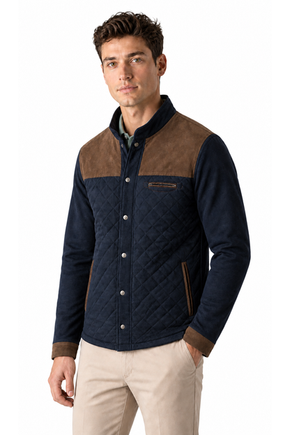 Men's Jacket Quilted Texture Patchwork Design, Coffee, three-quarter model view