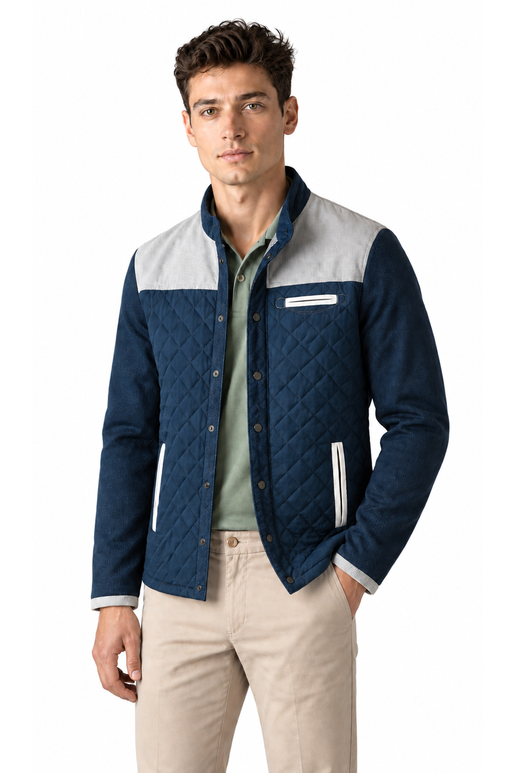 Men's Jacket Quilted Texture Patchwork Design, Gray, three-quarter model view