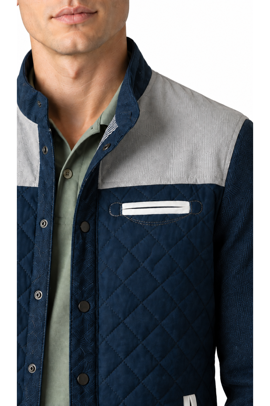 Men's Jacket Quilted Texture Patchwork Design, Gray, close-up of original fabric and garment details