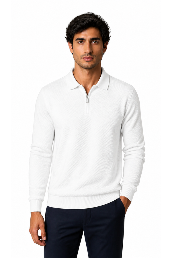 Mason | Jacquard Half-Zip Polo Sweater - White - front - group 1