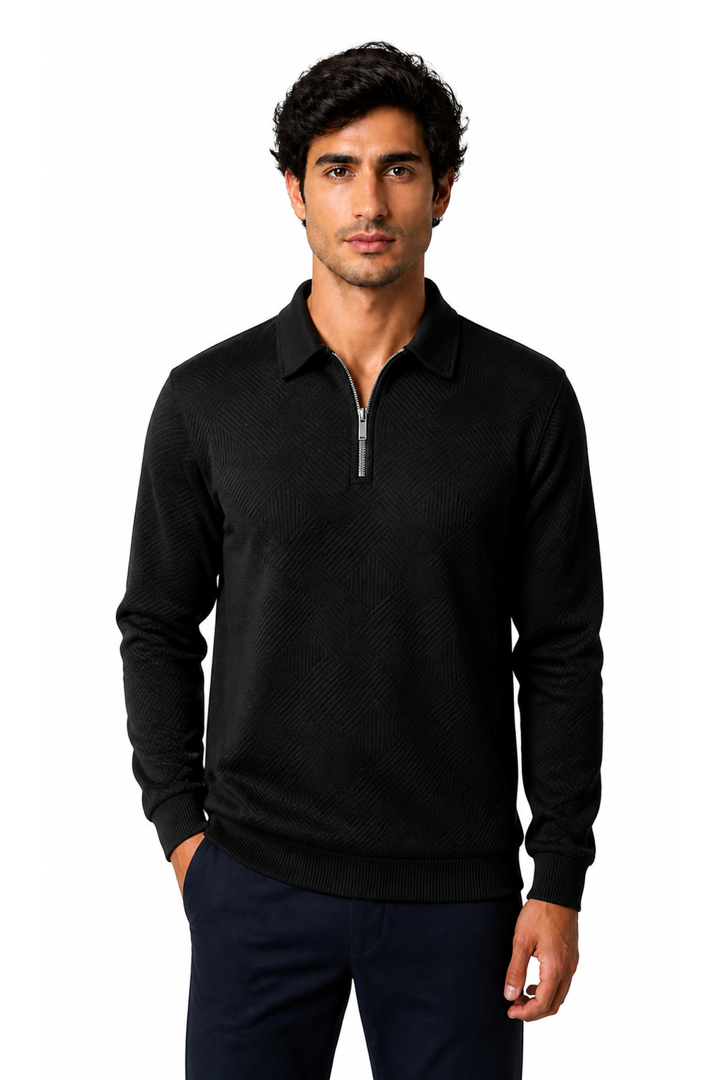 Mason | Jacquard Half-Zip Polo Sweater - Black - front - group 2