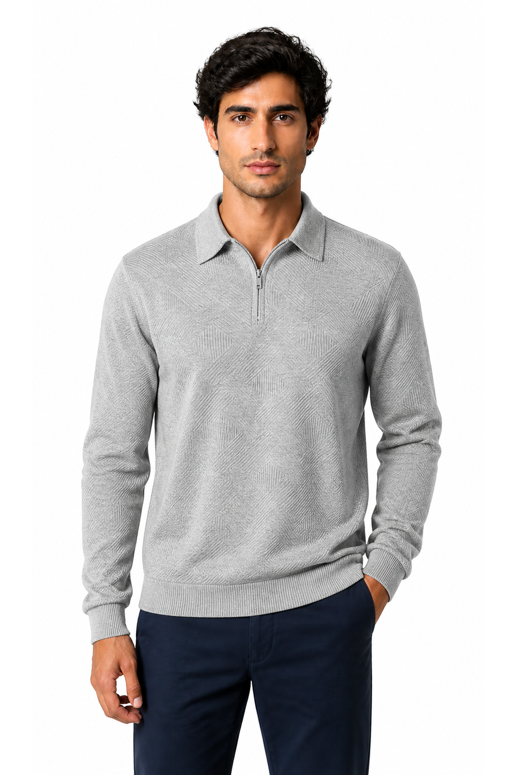 Mason | Jacquard Half-Zip Polo Sweater - Light Gray - front - group 4