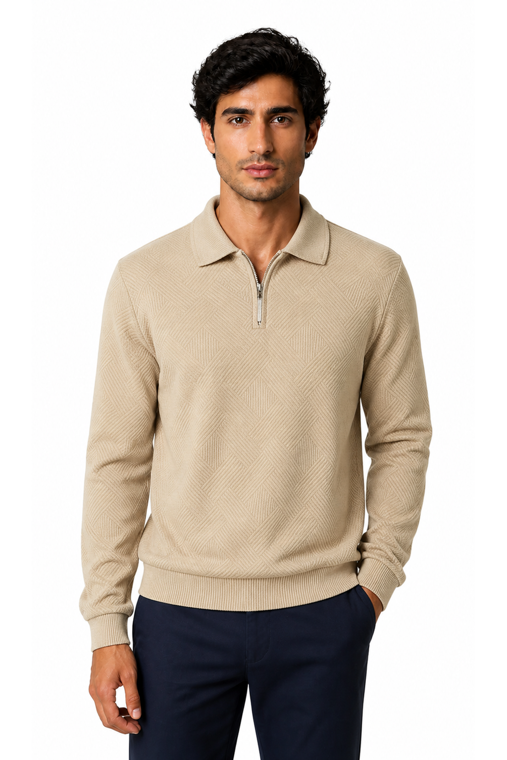 Mason | Jacquard Half-Zip Polo Sweater - Khaki - front - group 5
