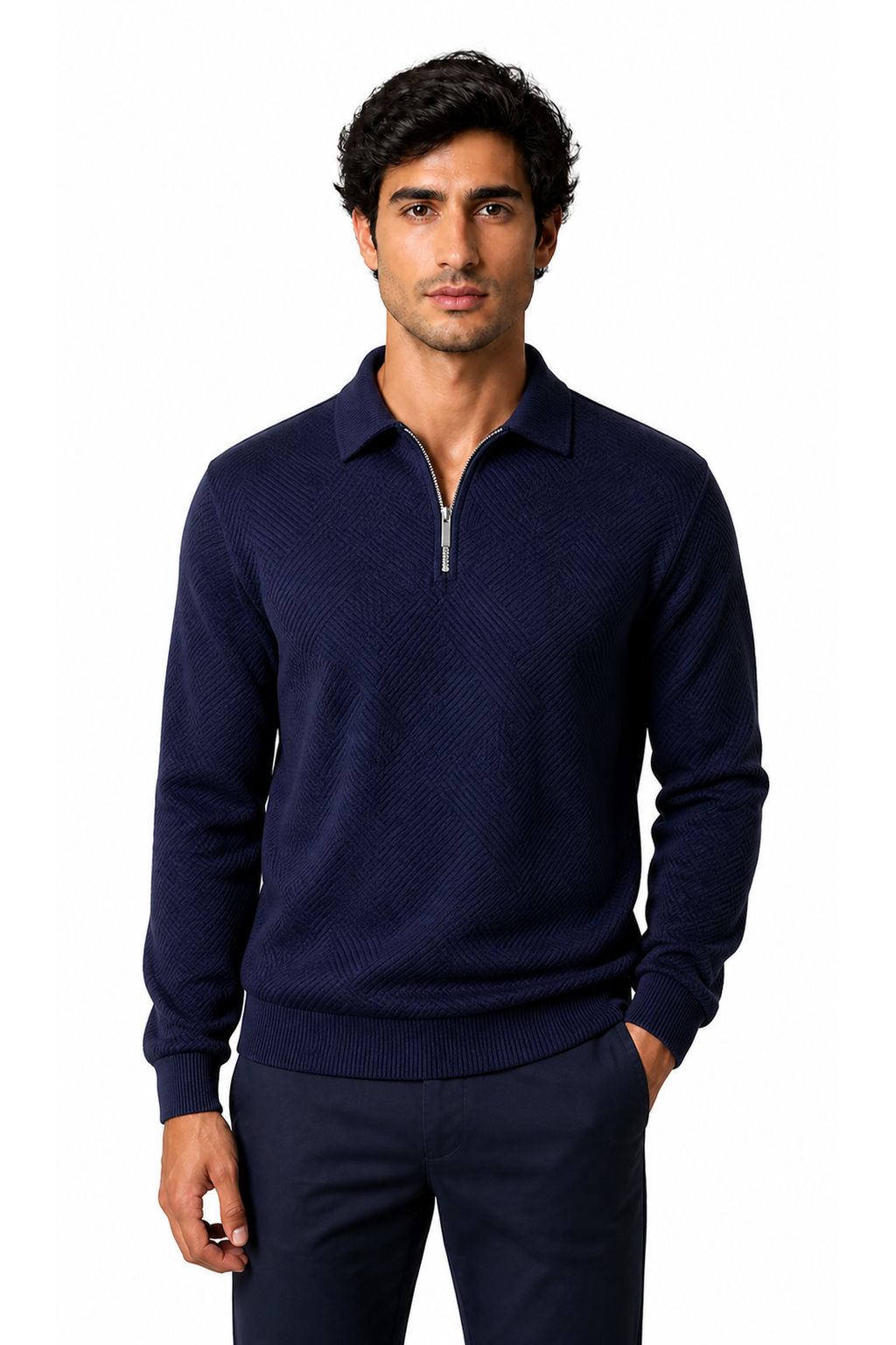 Mason | Jacquard Half-Zip Polo Sweater - Navy Blue  2PCS - front - group 6