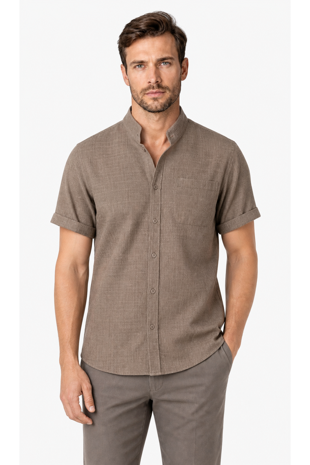 Lucas | Breathable Cotton-Linen Shirt - Khaki - front - group 7