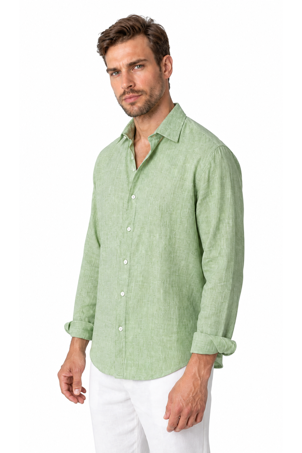 Men's green linen button-up shirt on Ventorino model, three-quarter view