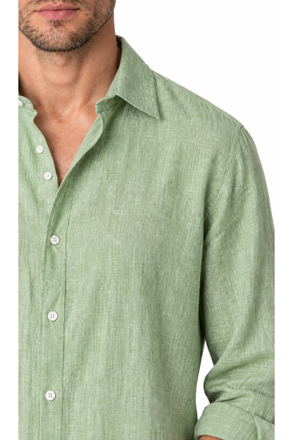Close-up of green linen button-up shirt collar, buttons and fabric texture