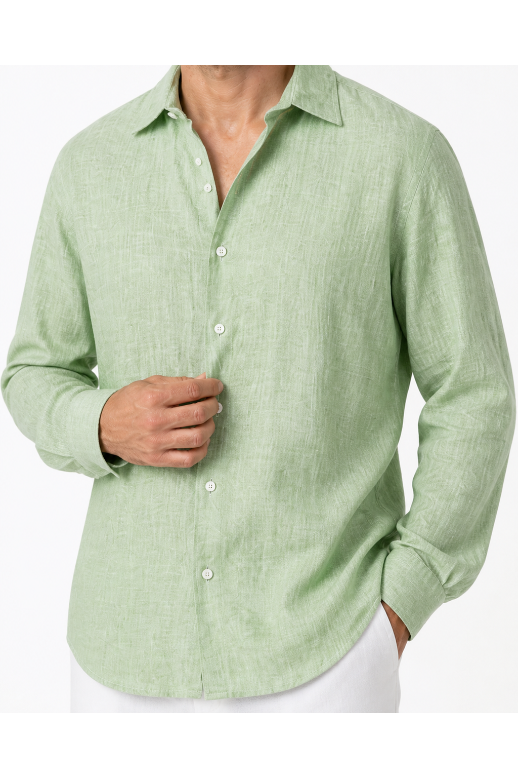 Phillip Relaxed Linen Button Up Shirt close up fabric and button detail