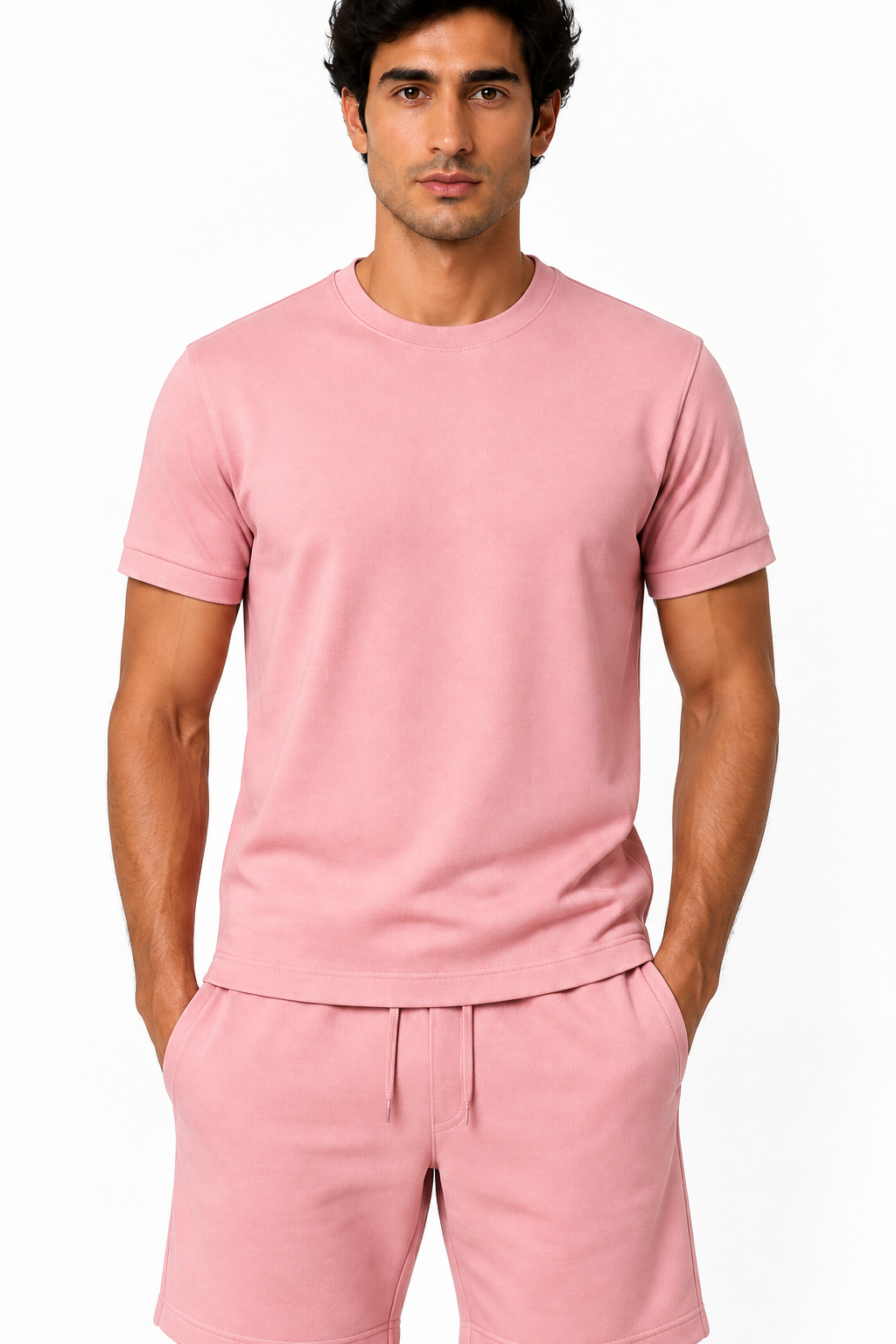 Men's T-Shirt Shorts Set Casual Fit Coordinated Design, Pink, fabric close-up