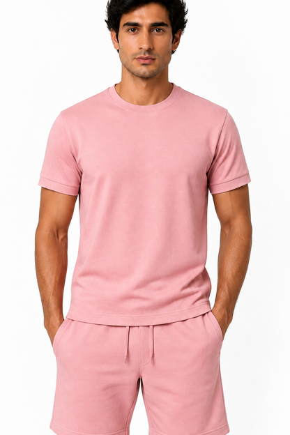 Men's T-Shirt Shorts Set Casual Fit Coordinated Design, Pink, fabric close-up