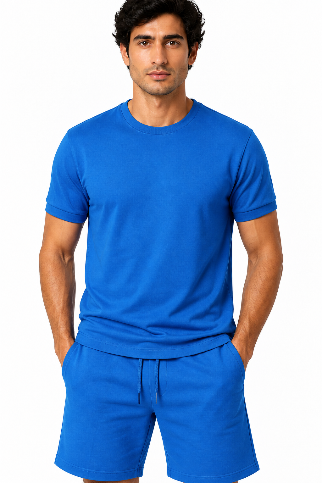 Men's T-Shirt Shorts Set Casual Fit Coordinated Design, Sky Blue, fabric close-up