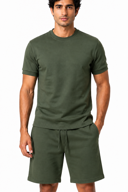 Men's T-Shirt Shorts Set Casual Fit Coordinated Design, Green, fabric close-up