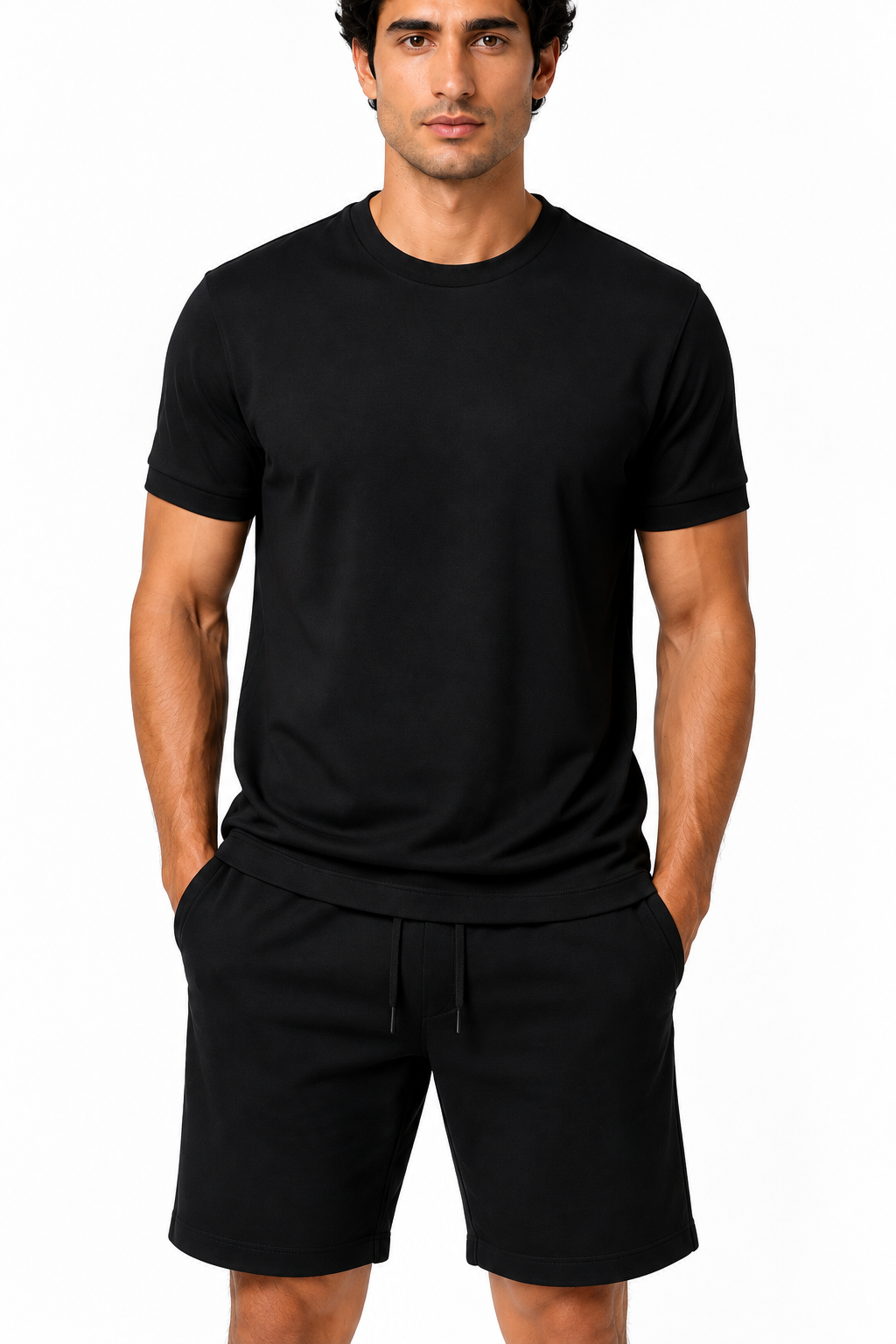 Men's T-Shirt Shorts Set Casual Fit Coordinated Design, Black, fabric close-up
