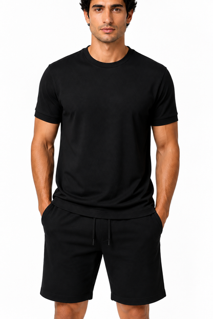 Men's T-Shirt Shorts Set Casual Fit Coordinated Design, Black, fabric close-up