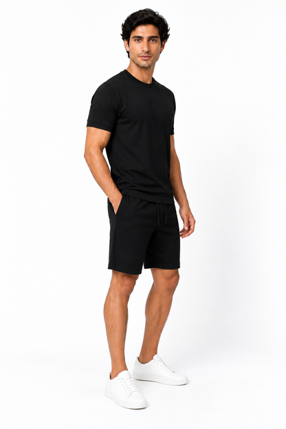 Men's T-Shirt Shorts Set Casual Fit Coordinated Design, Black, side view