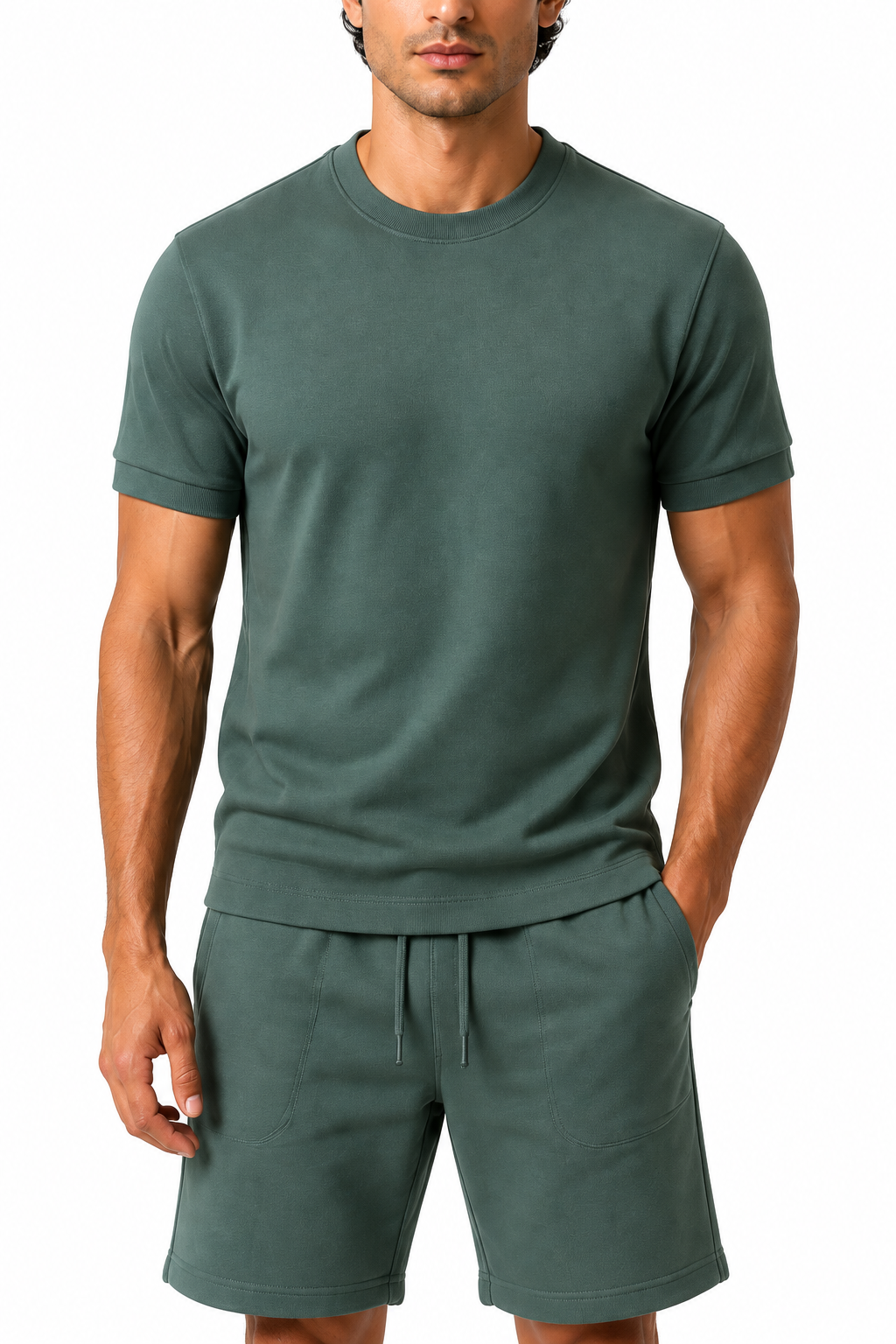 Men's T-Shirt Shorts Set Casual Fit Coordinated Design, Gray green, fabric close-up