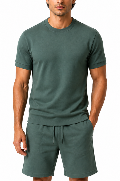 Men's T-Shirt Shorts Set Casual Fit Coordinated Design, Gray green, fabric close-up