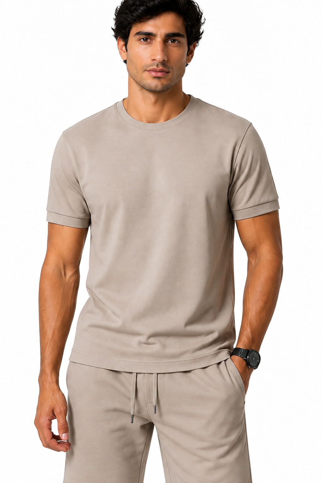 Men's T-Shirt Shorts Set Casual Fit Coordinated Design, Khaki, fabric close-up