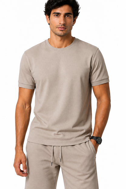 Men's T-Shirt Shorts Set Casual Fit Coordinated Design, Khaki, fabric close-up