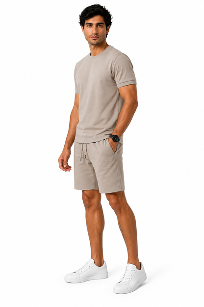 Men's T-Shirt Shorts Set Casual Fit Coordinated Design, Khaki, side view