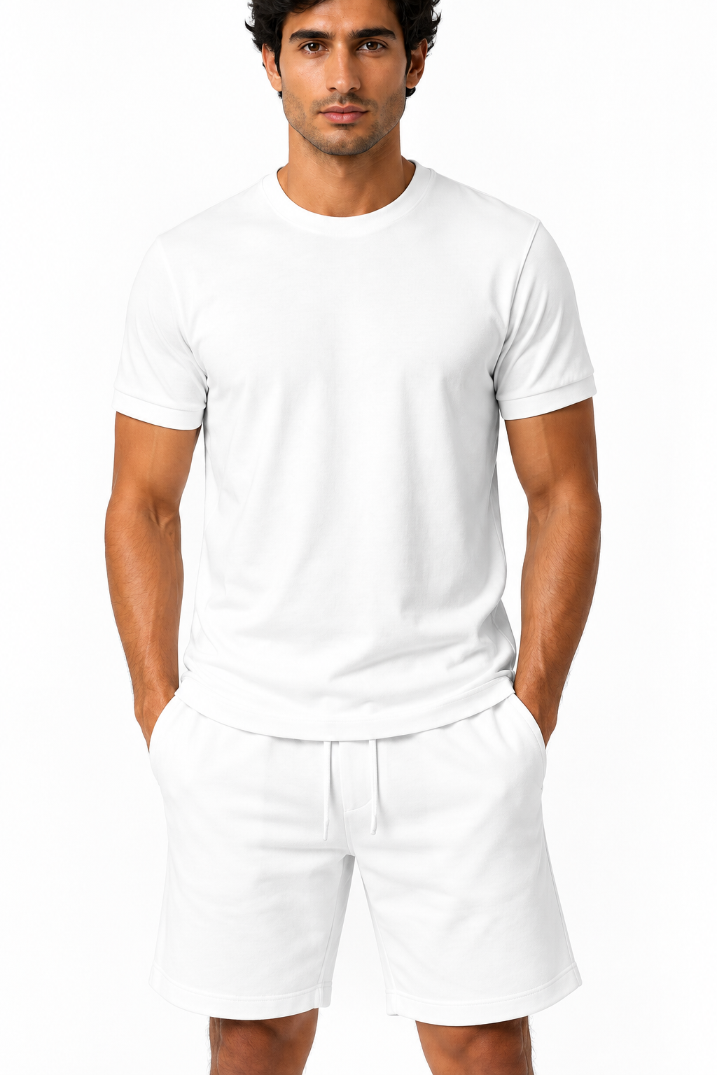 Men's T-Shirt Shorts Set Casual Fit Coordinated Design, White, fabric close-up