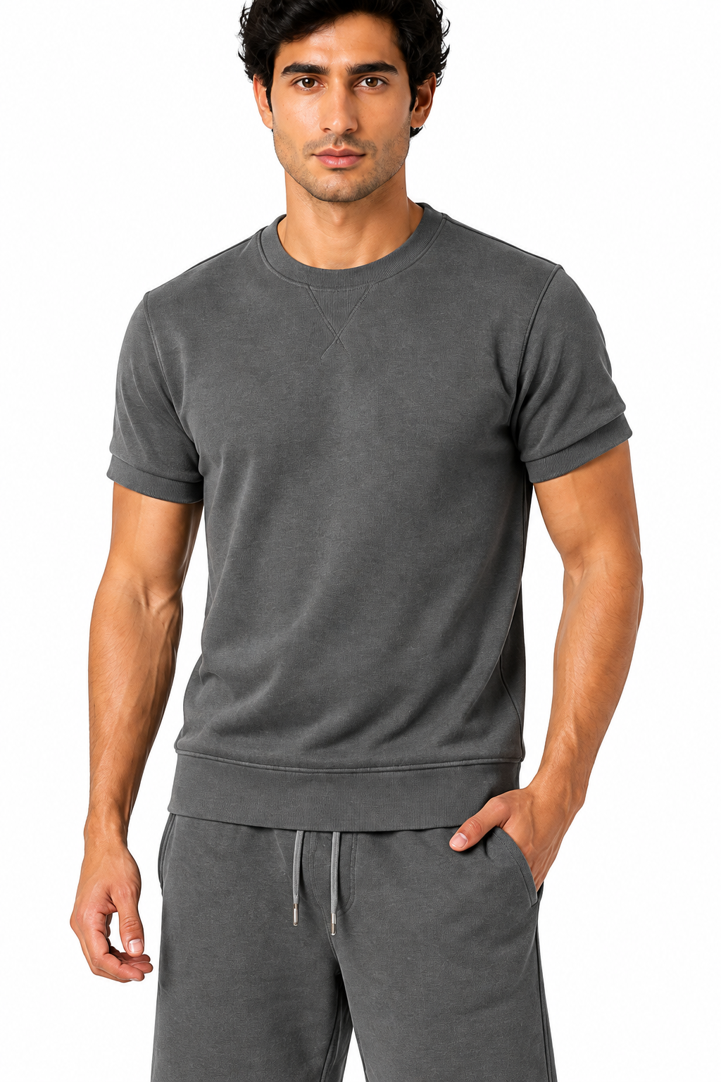 Men's T-Shirt Shorts Set Casual Fit Coordinated Design, Dark Grey, fabric close-up