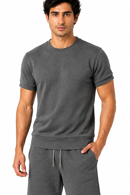 Men's T-Shirt Shorts Set Casual Fit Coordinated Design, Dark Grey, fabric close-up