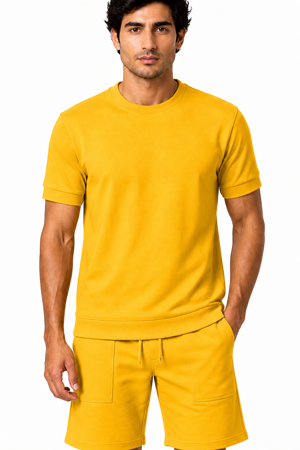 Men's T-Shirt Shorts Set Casual Fit Coordinated Design, Yellow, fabric close-up