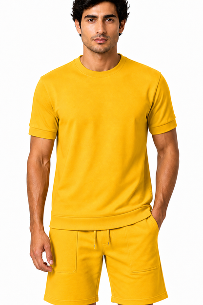 Men's T-Shirt Shorts Set Casual Fit Coordinated Design, Yellow, fabric close-up