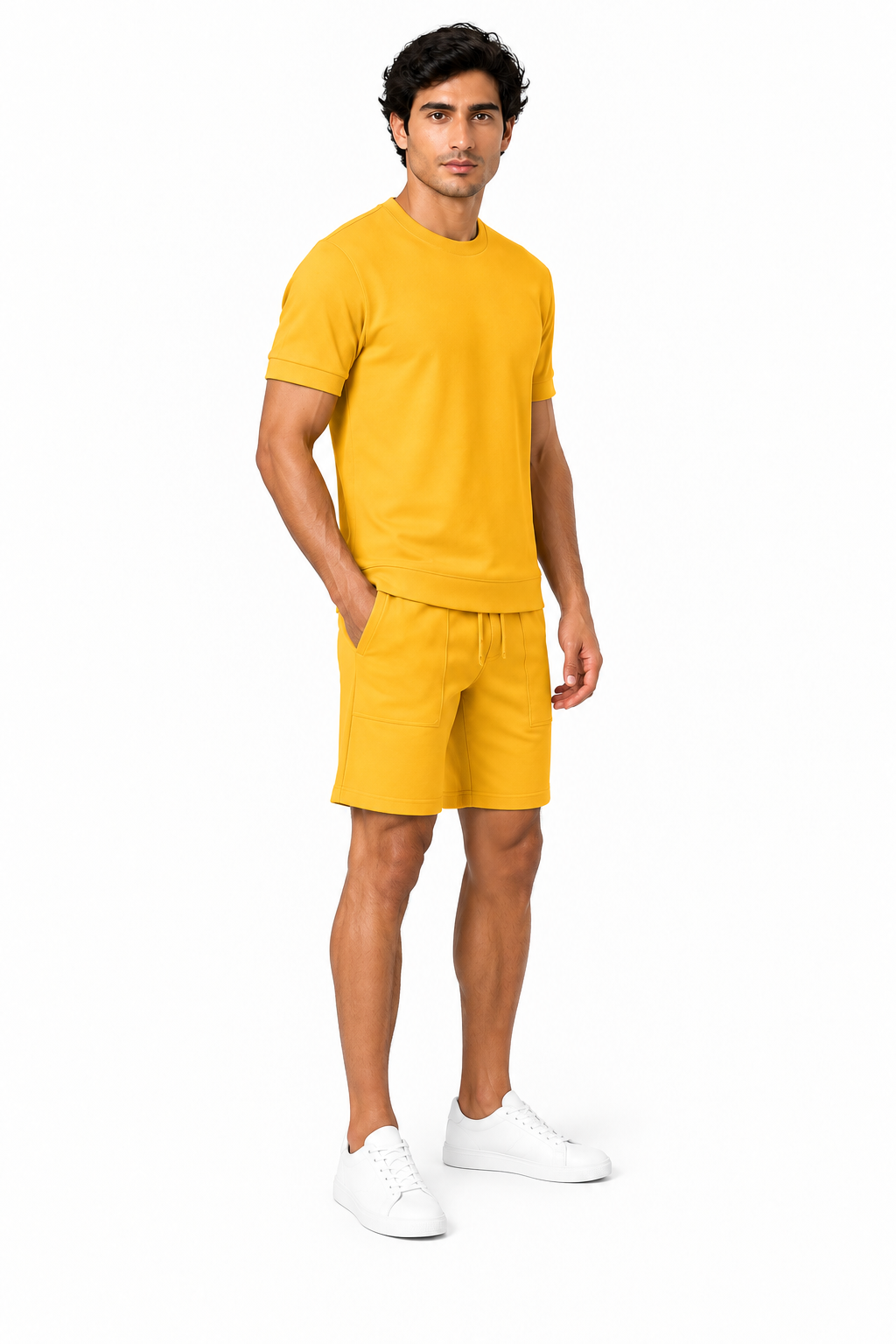 Men's T-Shirt Shorts Set Casual Fit Coordinated Design, Yellow, side view