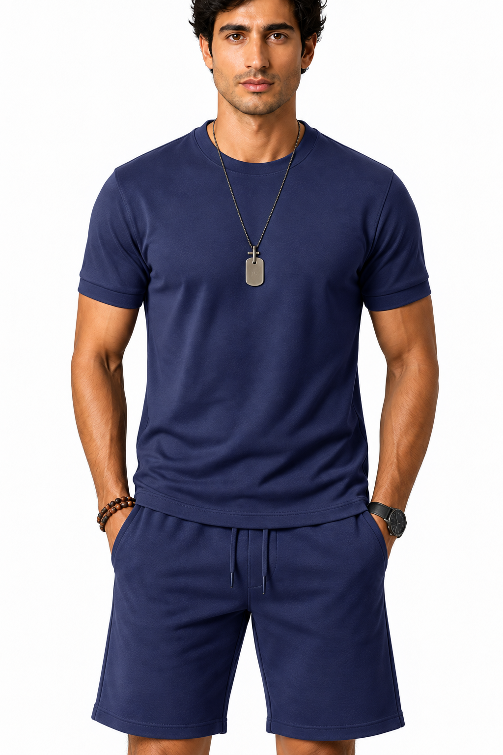 Men's T-Shirt Shorts Set Casual Fit Coordinated Design, Blue, fabric close-up