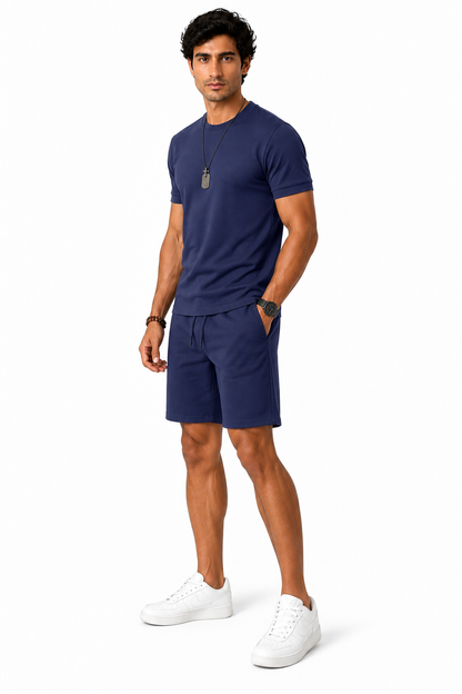 Men's T-Shirt Shorts Set Casual Fit Coordinated Design, Blue, side view