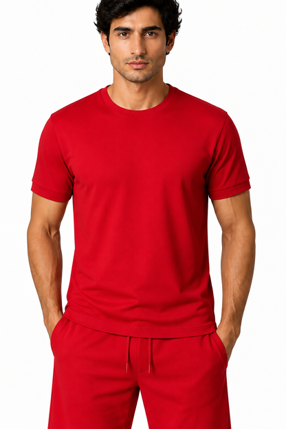 Men's T-Shirt Shorts Set Casual Fit Coordinated Design, Red, fabric close-up