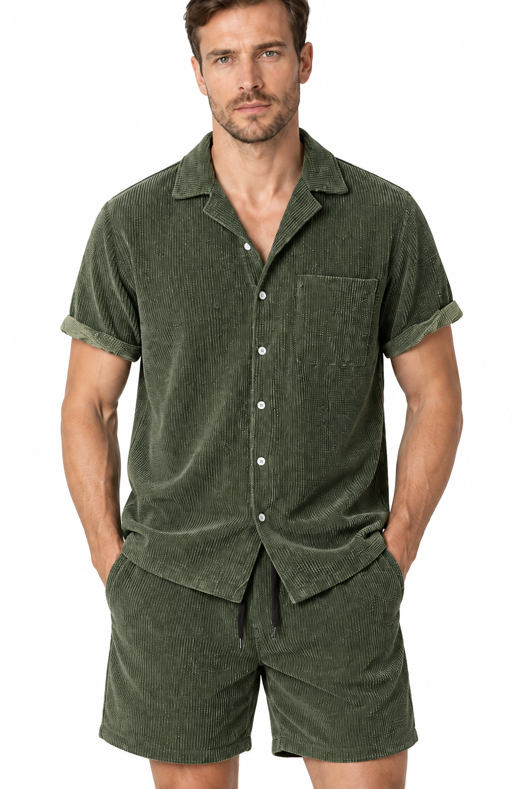 Men's Shirt Shorts Set Corduroy Texture Coordinated Fit, Green, fabric close-up