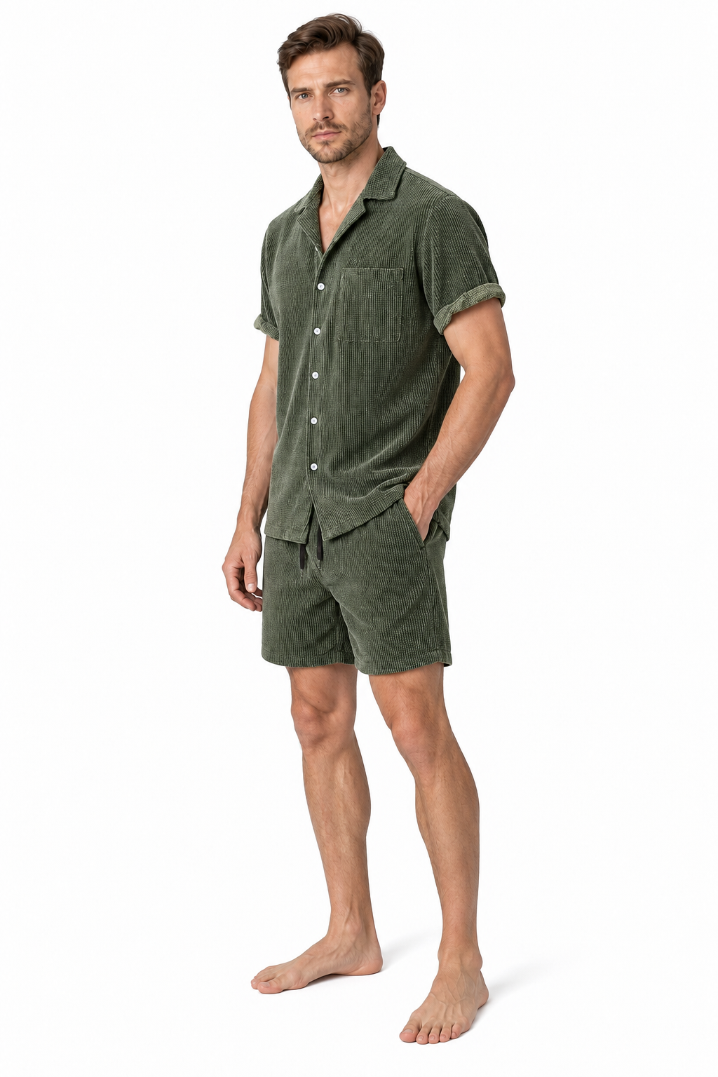 Men's Shirt Shorts Set Corduroy Texture Coordinated Fit, Green, side view