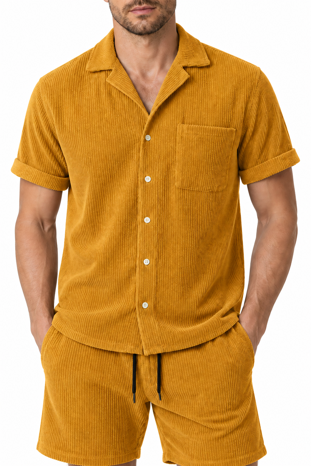 Men's Shirt Shorts Set Corduroy Texture Coordinated Fit, Yellow, fabric close-up